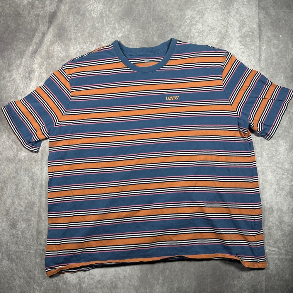 Levis Mens XL Oversized Striped T-Shirt Blue Orange Pink Crew Neck Retro Tee Y2K